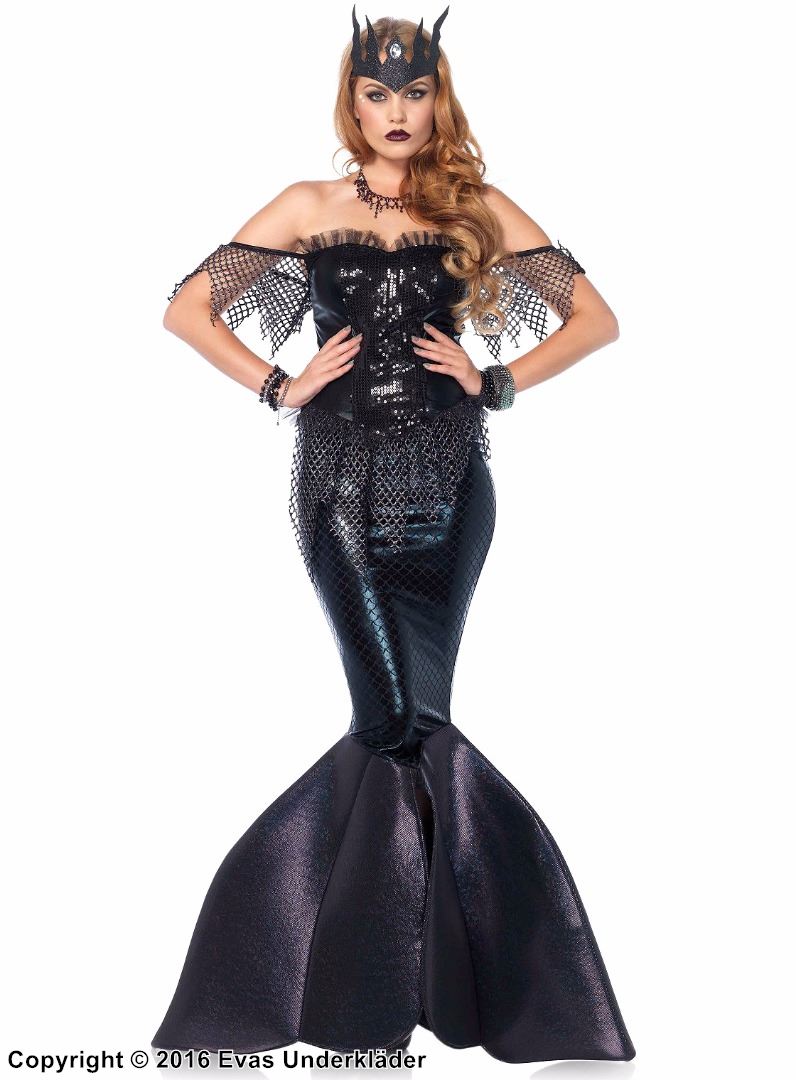 Evil mermaid queen, costume dress, sequins, fin, fishnet, fish scales